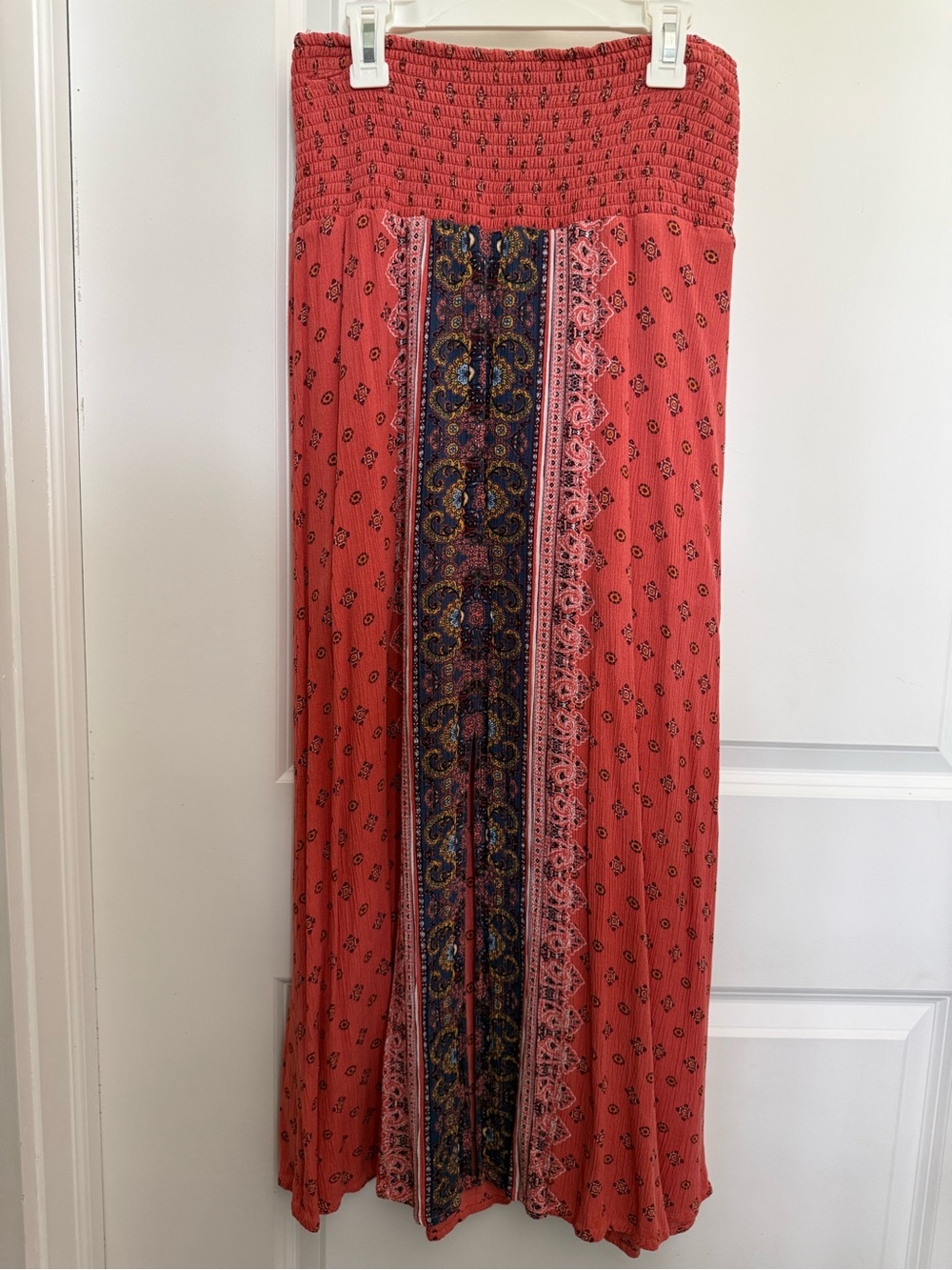 Xhilaration Coral Maxi Skirt with Navy Paisley Center Panel